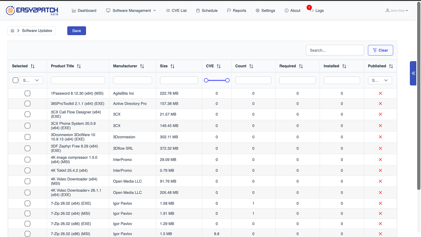 Easy2Patch application catalogue with CVE data