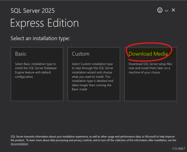 SQL Server Express kurulum türü: Download Media