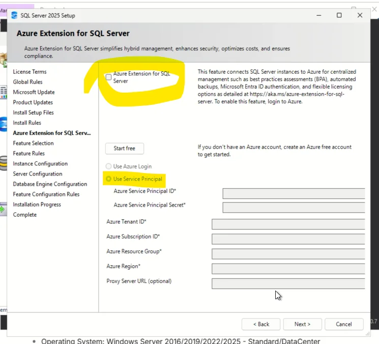 Azure Extension for SQL Server ekranı