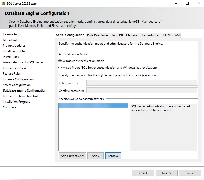 Database Engine Configuration ekranı