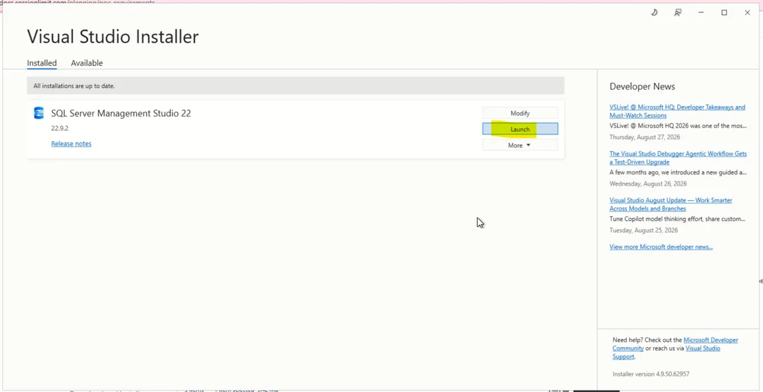 Visual Studio Installer’da SSMS Launch